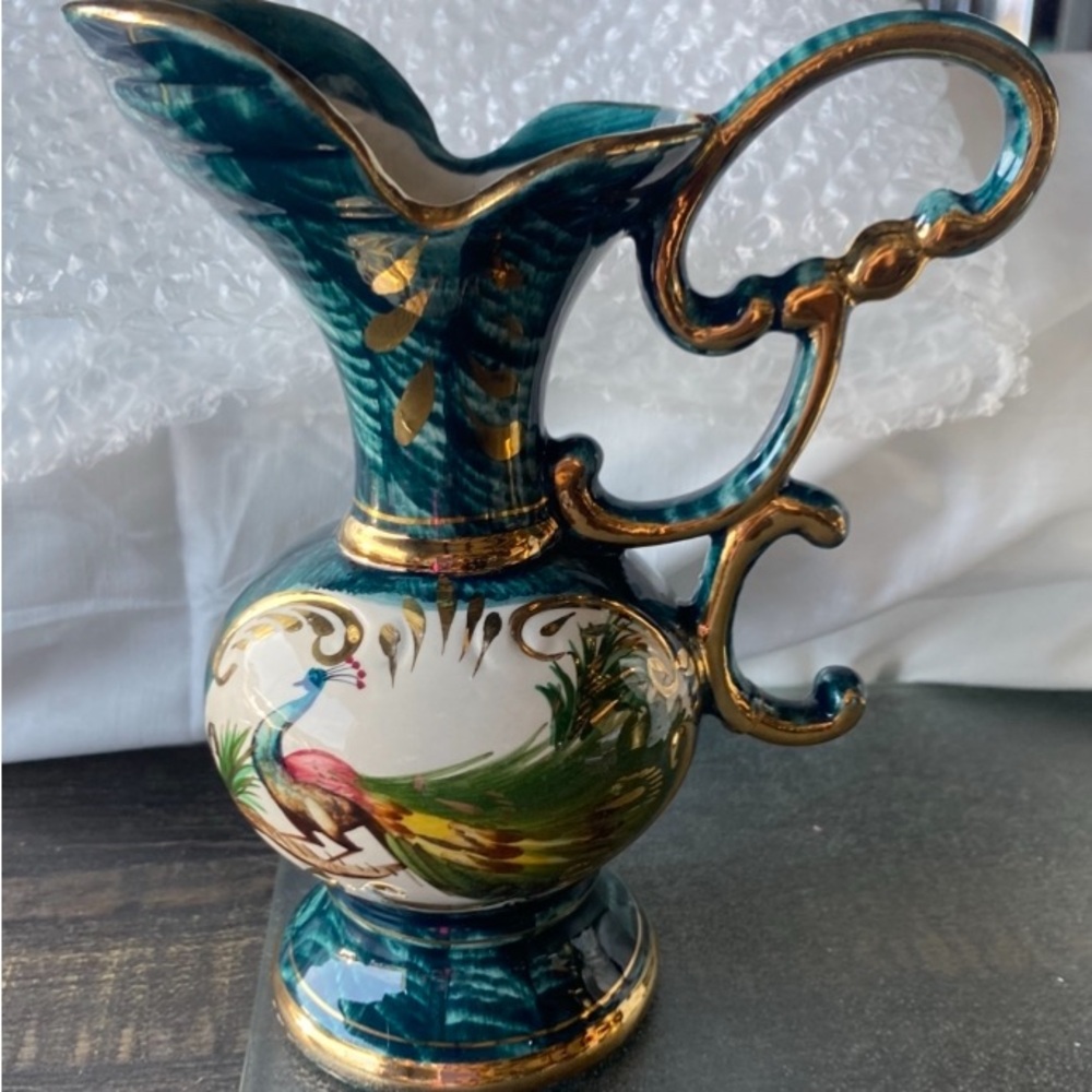 Vintage Hand painted Belgium Elegant Peacock Ceramic Vase with Gold Accents